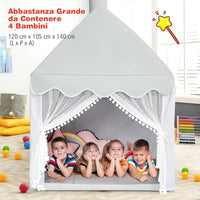 Tenda da Gioco per Bambini, Casetta per Bambini con Struttura in Solido Legno, Tappetino di Cotone, Tenda a Rete e Finestre, 105x120x140 cm (grigio)