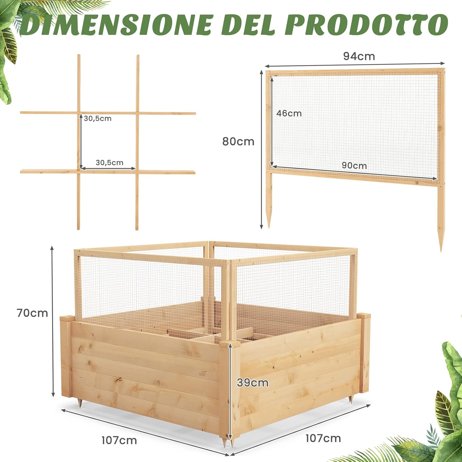 Fioriere Rialzate con Recinto Anti-Animali e Griglia di Coltivazione, Letto da Giardino Rialzato per Coltivazione di Fiori, Verdure, Frutta ed Erbe, 107 x 107 x 70cm