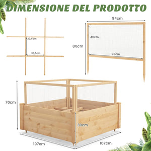 Fioriere Rialzate con Recinto Anti-Animali e Griglia di Coltivazione, Letto da Giardino Rialzato per Coltivazione di Fiori, Verdure, Frutta ed Erbe, 107 x 107 x 70cm