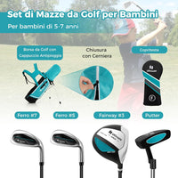 Set di Mazze da Golf per Bambini 5-7 Anni, Set Allenamento Golf con Sacca, Fodera Impermeabile, Legno di Fairway 3, Ferro 7, Ferro S e Putter per Bambini e Bambine, Destrorso