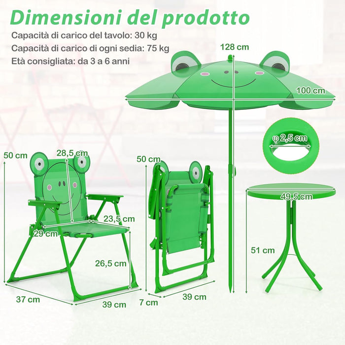 Set Tavolo da Giardino Bambini con 2 Sedie Pieghevoli, Tavolino da Esterno con Ombrellone in Poliestere Regolabile in Altezza, Set Mobili da Giardino per Bambini 3-6 Anni (Rana, Verde)