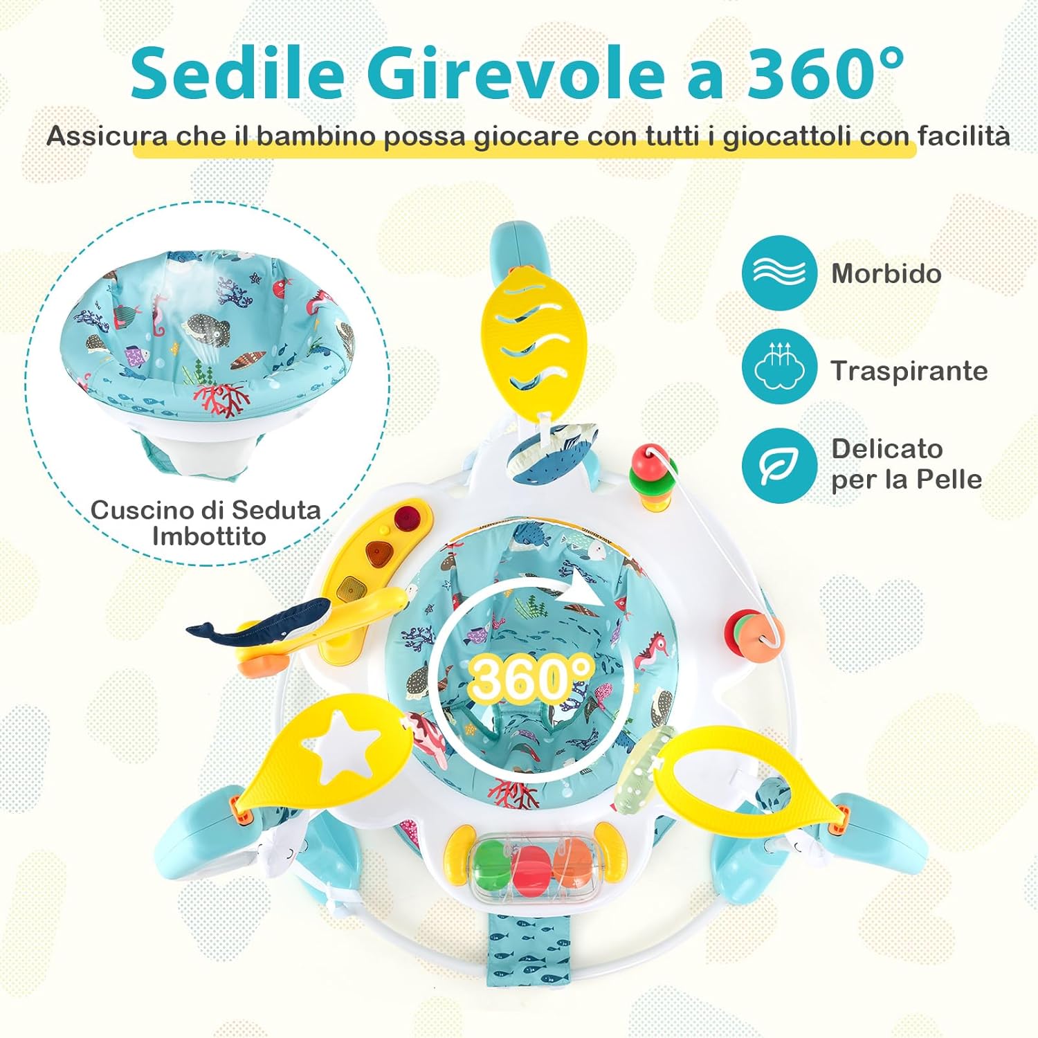 Jumperoo per Bambini, Centro attività Saltella con Altezza Regolabile, Gioco Saltellante con Sedile Girevole a 360°, Saltarello per Neonati con Luci e Suoni per Bambini 6+ Mesi (Azzurro)