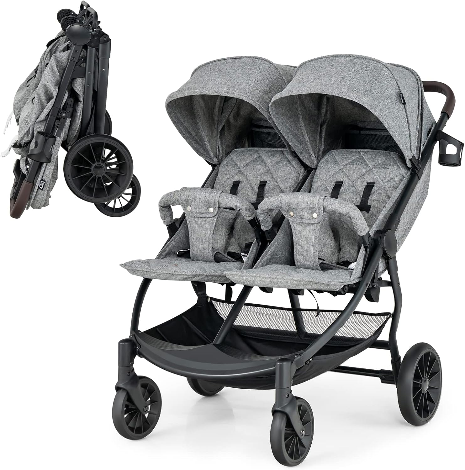 Passeggino Doppio Pieghevole per Bambini, Passeggino Portatile per Bambini con Schienale Regolabile, Cinture a 5 Punti, Poggiapiedi e Tettuccio, per Bambini 6-36 Mesi (Grigio Chiaro)