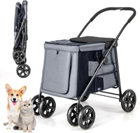 Passeggino per Cani Pieghevole, Carrello a 4 Ruote per Animali Domestici Piccoli e Medi, Trasportino Portatile con Ruote, Lucernario e Tasche, Chiusura Rapida (Grigio)