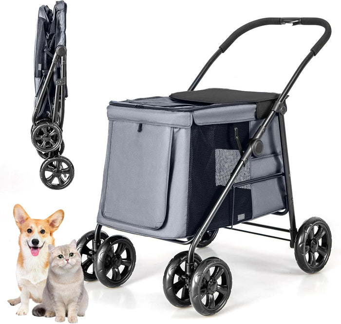 Passeggino per Cani Pieghevole, Carrello a 4 Ruote per Animali Domestici Piccoli e Medi, Trasportino Portatile con Ruote, Lucernario e Tasche, Chiusura Rapida (Grigio)