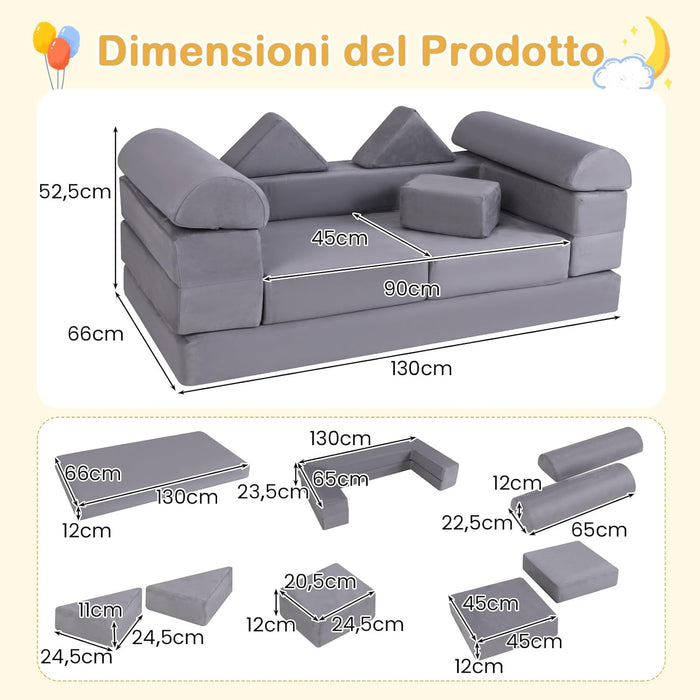 Divano Modulare per Bambini, 9 Pezzi, Divano Letto per Bambini in Schiuma con Tessuto Suede, Coperture Lavabili, Divano Convertibile per Stanze da Gioco, Camere da Letto, Soggiorno (Grigio)