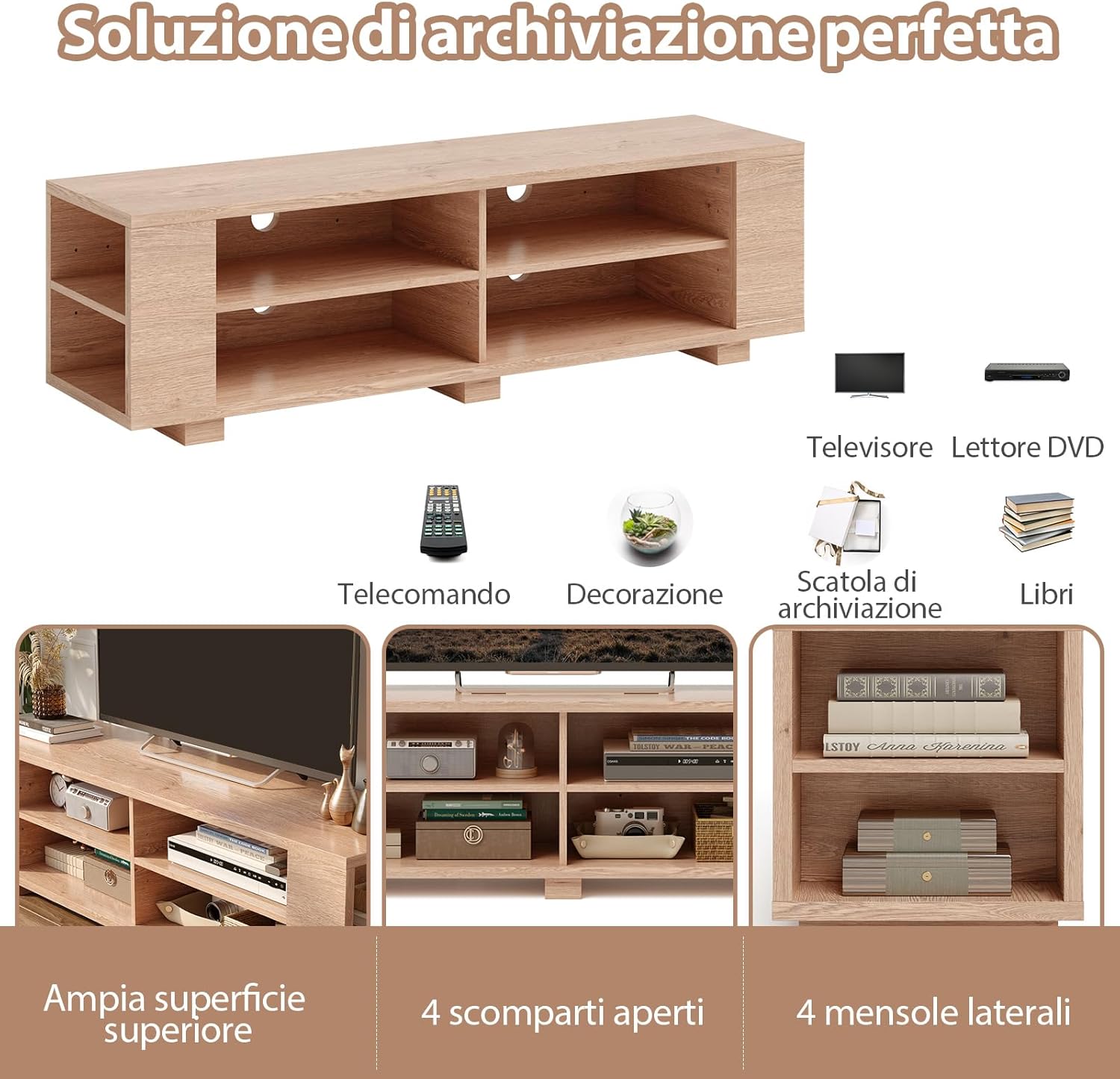 Mobile Porta TV per TV Fino a 65 Pollici, Mobile TV a 3 Livelli con 4 Scomparti Aperti, 4 Vani Laterali, Fori per Cavi, Stile Moderno, 150 x 39 x 45 cm (Naturale)