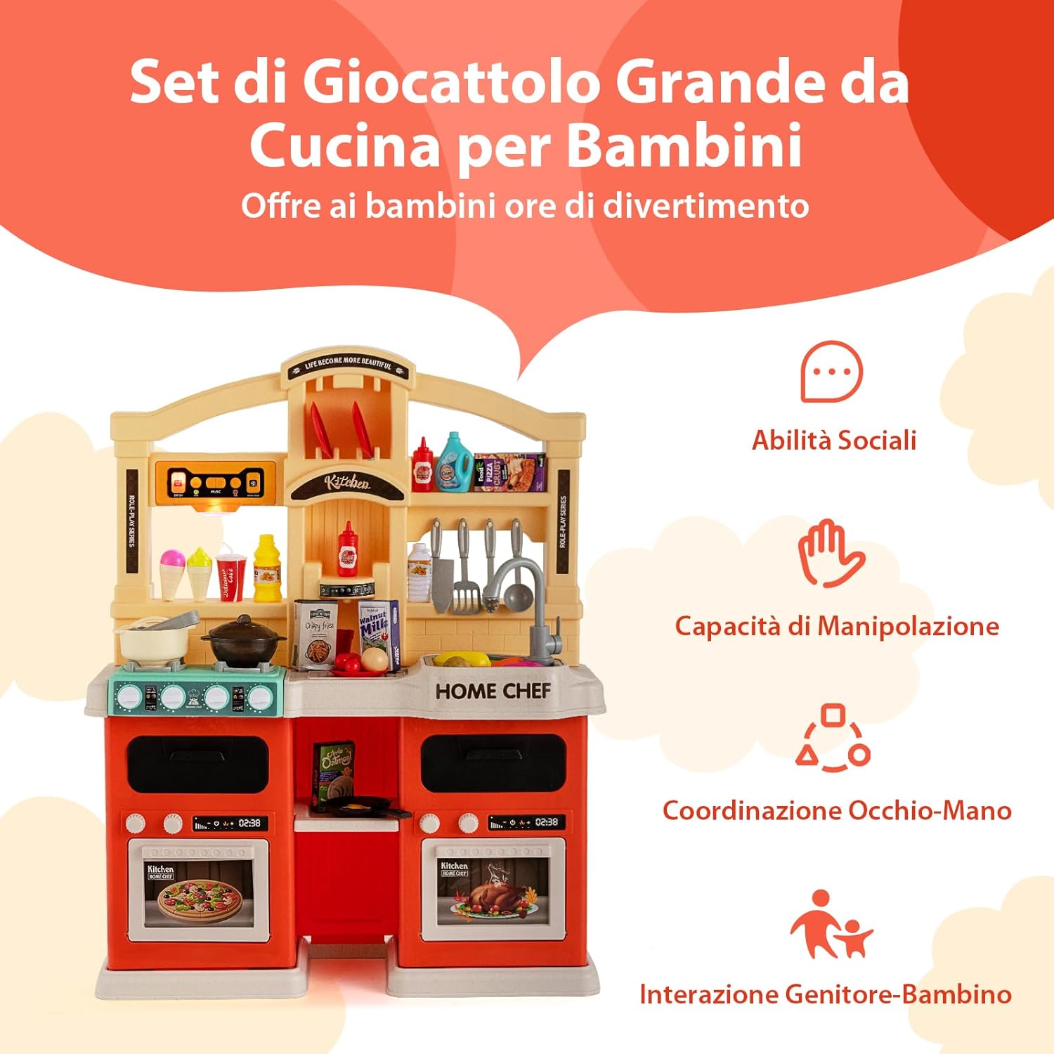 Cucina Giocattolo per Bambini 69 Pezzi, Cucinetta per Bambini 3 Anni+ con Luci Suoni Vapore e Acqua in Ebollizione, 3 Anni+, 64,5 x 24 x 83 cm (Arancio)