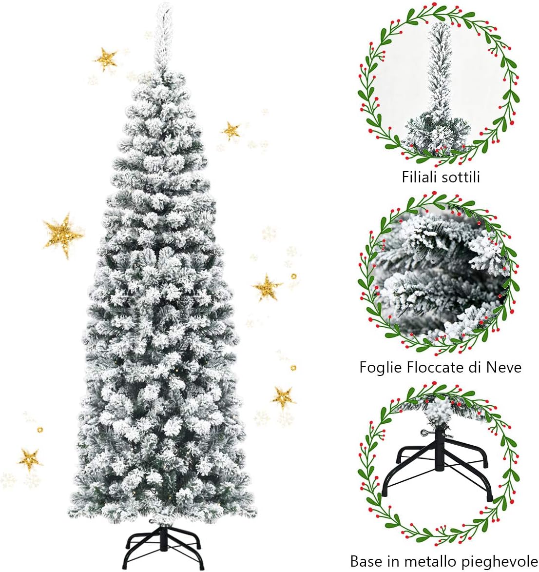 Albero di Natale Innevato 140/180/225 cm, Albero di Natale Artificiale Slim con 242/500/641 Rami Realistici e Folti e Base Pieghevole di Metallo, Apertura a Ombrello (180 cm)