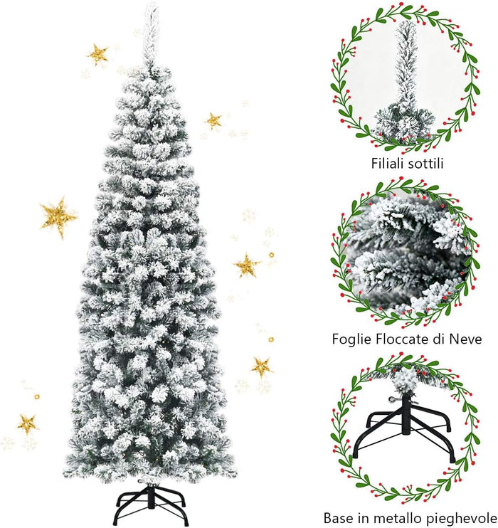 Albero di Natale Innevato 140/180/225 cm, Albero di Natale Artificiale Slim con 242/500/641 Rami Realistici e Folti e Base Pieghevole di Metallo, Apertura a Ombrello (180 cm)