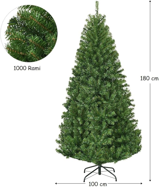 Albero di Natale 120/150/180/210 cm, Albero di Natale con Luci Incorporate 11 Modalità di Illuminazione, 300/600/1000/1570 Rami e Base in Metallo, Perfetta per Casa e Negozio (180cm)