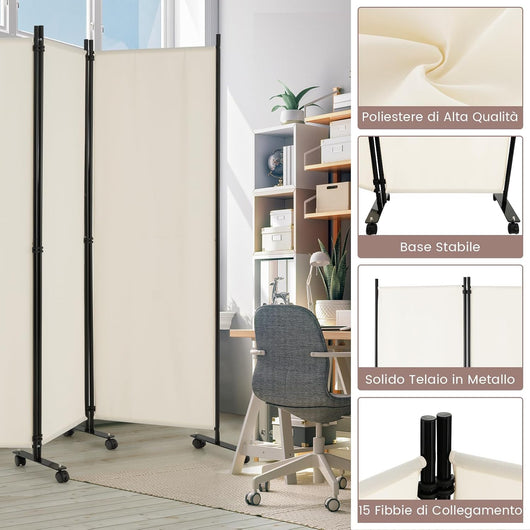 Paravento da Interno in Metallo, Separé Divisorio Interno Pieghevole con Piedini Stabili, Pannelli Divisori per Interni per Casa e Ufficio (Beige, 334,5 x 172 cm (6 Pannelli con ruote))