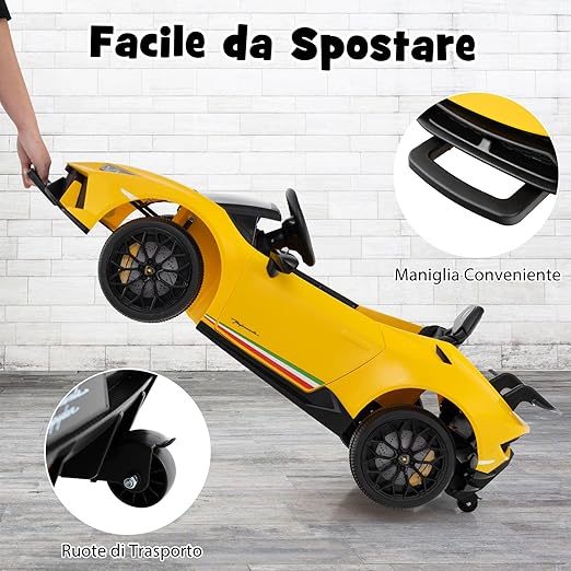 12V Lamborghini Auto Elettrica per Bambini, Macchina Elettrica Cavalcabile con Telecomando, Luci LED Musica e Funzione di Avvio Lento, 3-5 Km/h, per Bambini 3 Anni+ (Giallo)
