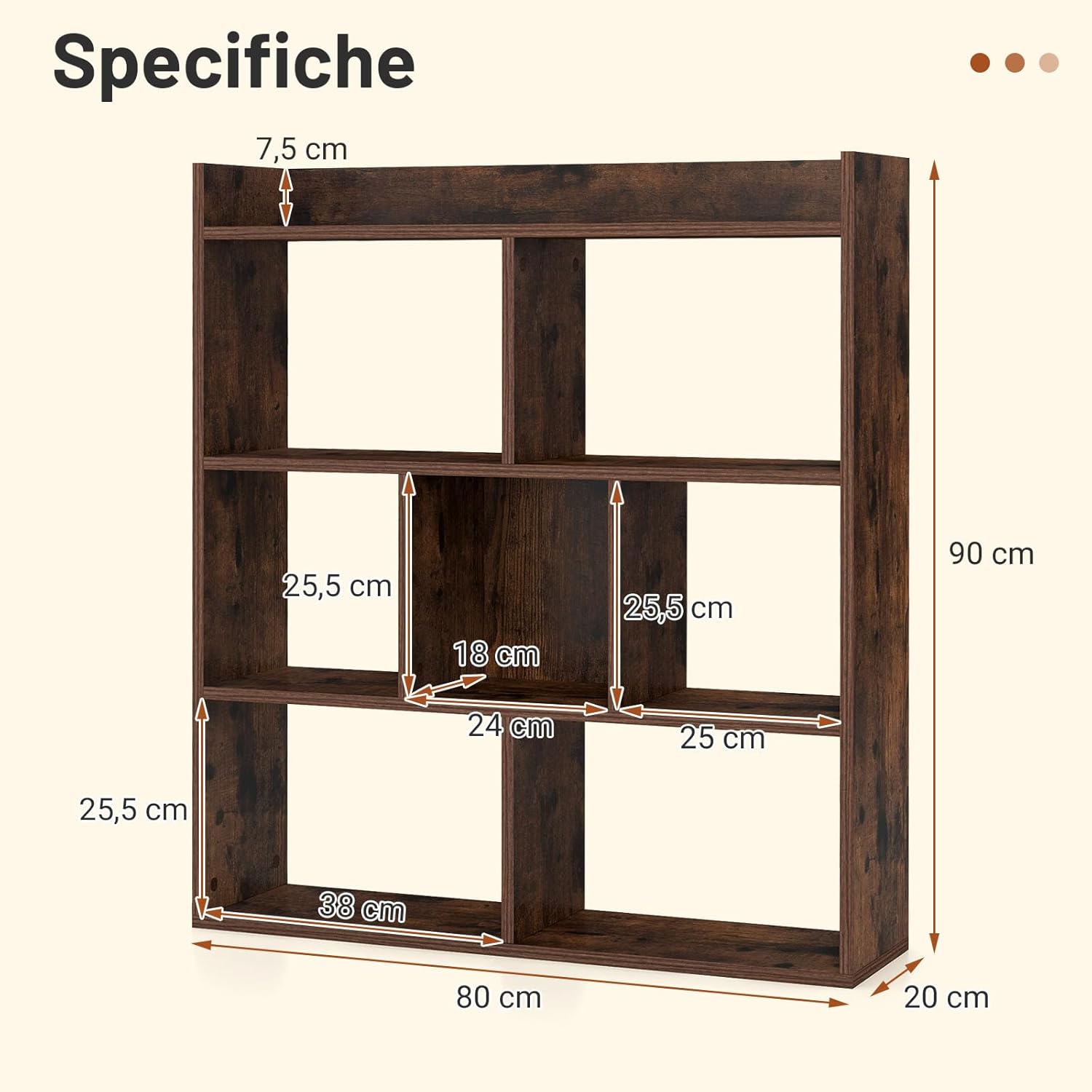 Libreria a Cubi con 7 Scomparti, Mensola Espositiva per l'Archiviazione, Libreria in Legno con Dispositivi Anti-Ribaltamento, per Studio Soggiorno, 80x20x90 cm (Caffè)