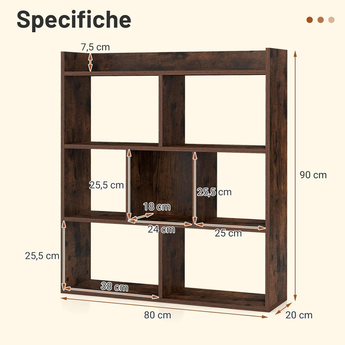 Libreria a Cubi con 7 Scomparti, Mensola Espositiva per l'Archiviazione, Libreria in Legno con Dispositivi Anti-Ribaltamento, per Studio Soggiorno, 80x20x90 cm (Caffè)