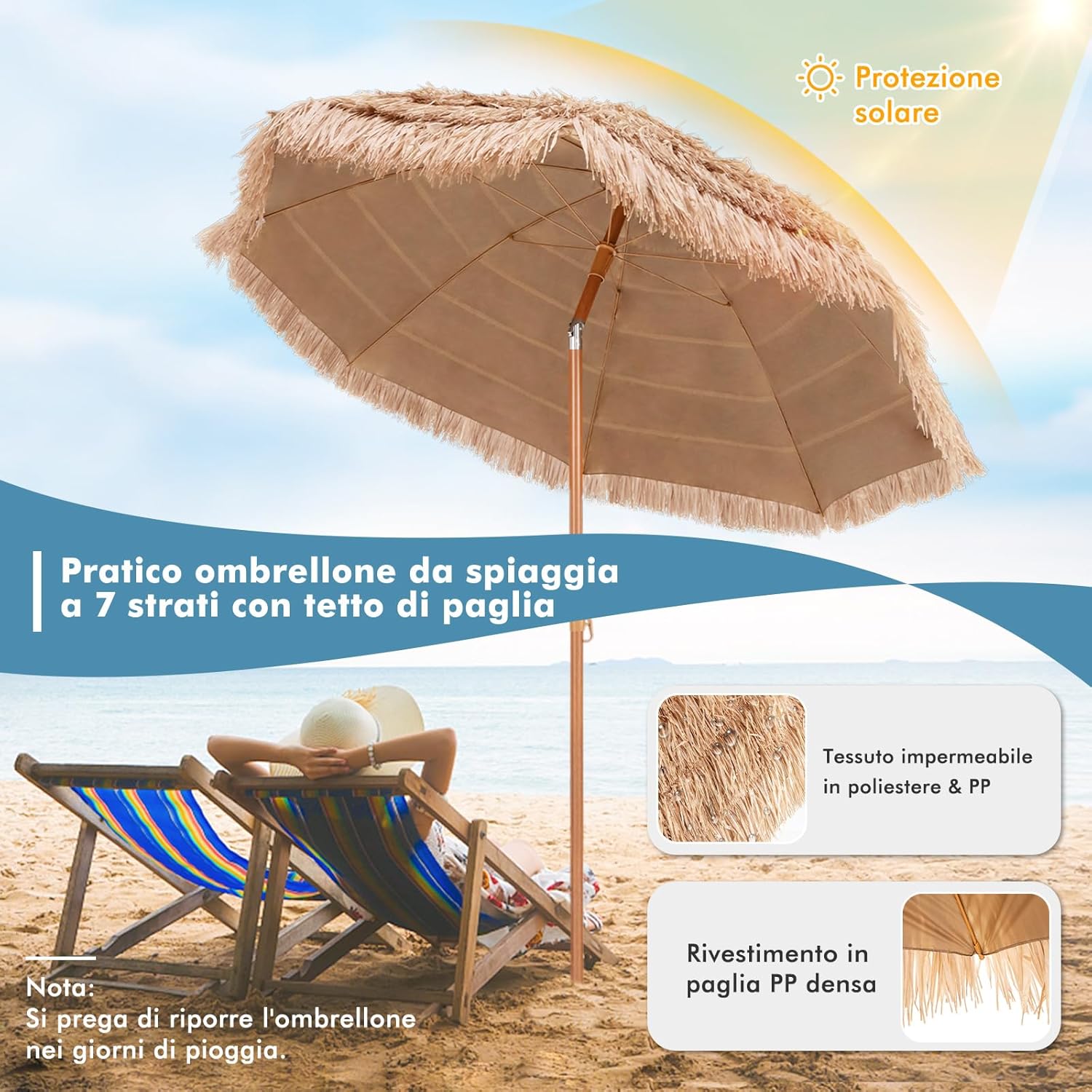 Ombrellone di Paglia in PP 208 cm, Ombrellone da Spiaggia Pieghevole, Parasole Hawaiano con Inclinabile in Metallo, Resistente all'Acqua e al Sole, per Spiaggia Giardino Balcone