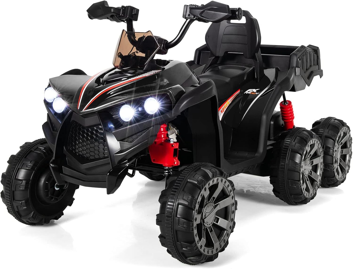 12V Quad Elettrico per Bambini, Macchina Elettrica per Bambini con 6 Ruote 4 Motori Baule Posteriore Luci LED e Musica, Trazione Integrale, 3-6 km/h, 3 Anni+ (Nero)