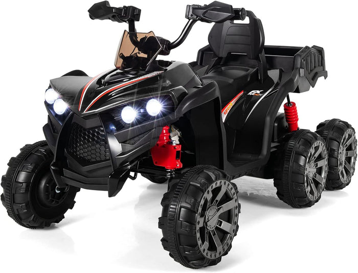 12V Quad Elettrico per Bambini, Macchina Elettrica per Bambini con 6 Ruote 4 Motori Baule Posteriore Luci LED e Musica, Trazione Integrale, 3-6 km/h, 3 Anni+ (Nero)