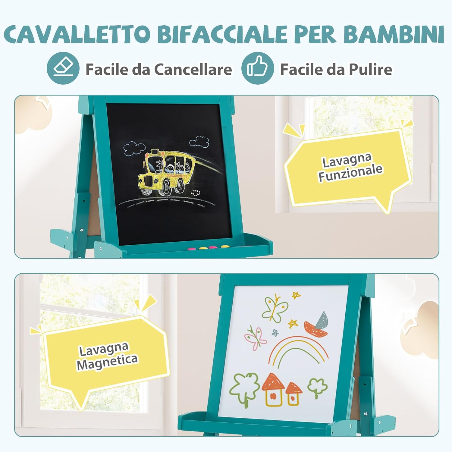 Lavagna per Bambini 3 in 1, Lavagna Magnetica con Lavagna Bifacciale, Rotolo di Carta, Vassoi Portaoggetti e 3 Bicchieri per Pittura, Cavalletto in Legno per Bambini 3+ Anni (Verde)