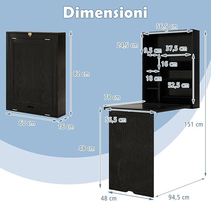 Scrivania Pieghevole da Parete, Tavolo Pieghevole a Muro con Divisorio a 3 Livelli e Ripiani Regolabili, Scrivania Salvaspazio per Cucina, Salotto e Studio, 60 x 94,5 x 151 cm (Nero)