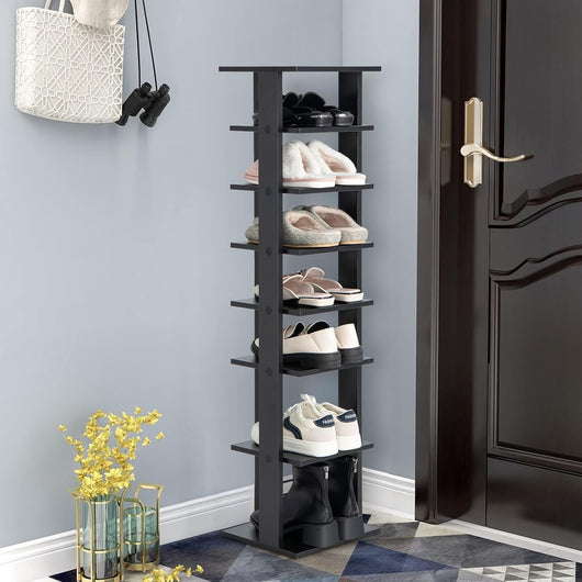 Scarpiera a 7 Ripiani, Scaffale Portascarpe in Legno con 2 Ripiani di Diverse Altezze, Scaffale Portaoggetti Multifunzione per Ingresso Soggiorno Camera da Letto, 28,5x25,5x110 cm (Nero)