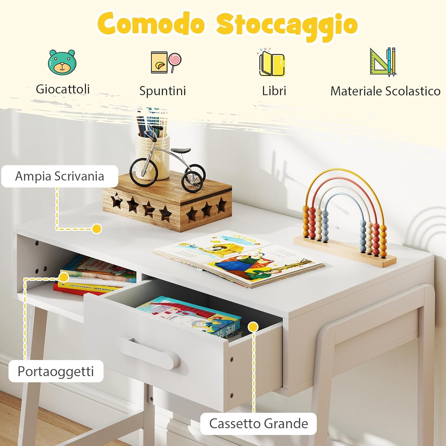 Set Tavolo e Seide per bambini in Legno, Scrivania e Sedia con Cassetto e Scomparto, Tavolino e Sedia per Cameretta, Soggiorno e Scuola (Bianco)