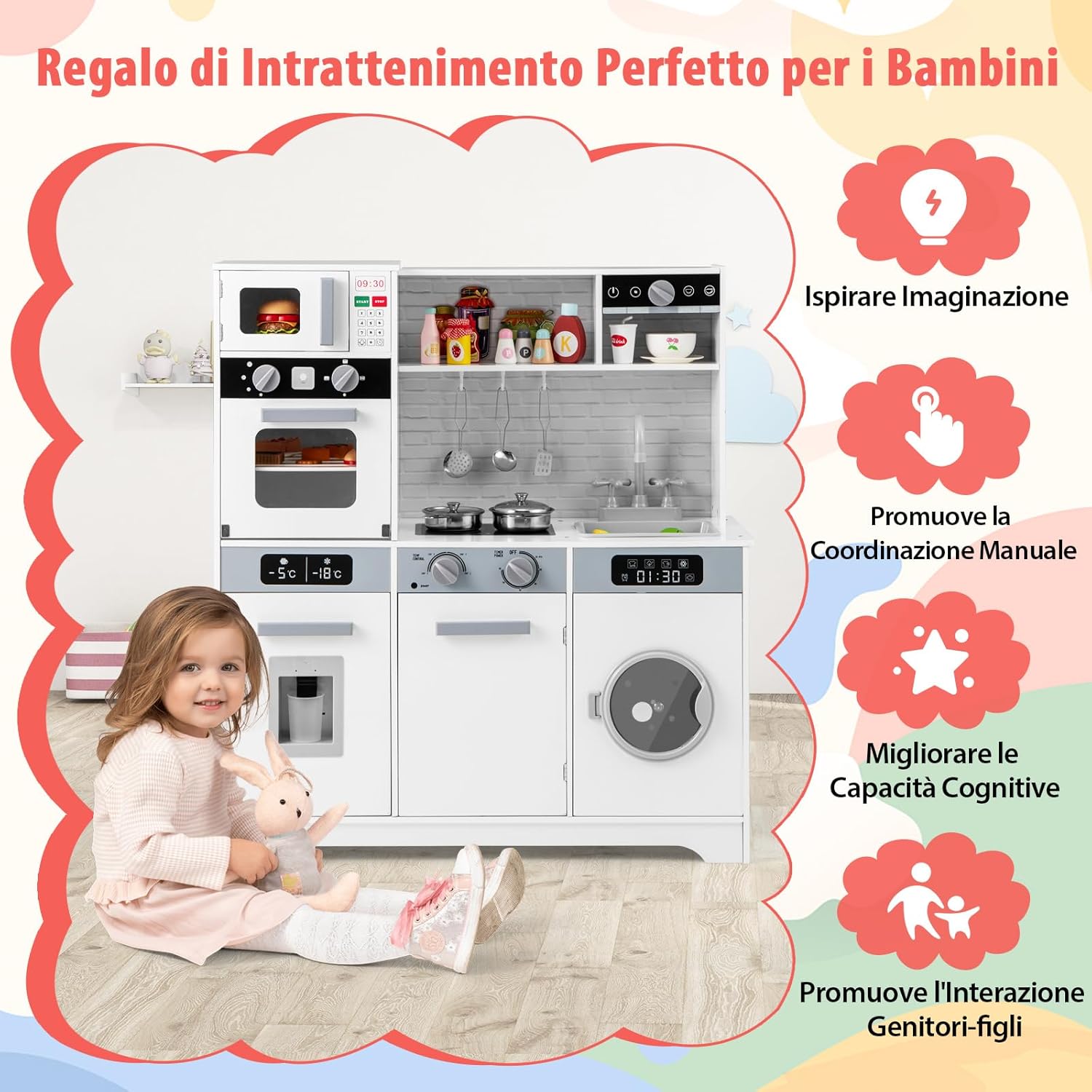 Cucina Giocattolo in Legno per Bambini con Forno, Microonde, Lavello, Rubinetto e Lavatrice, Luci e Suoni Realistici, 3+ Anni