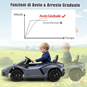 Lamborghini 12V Auto Elettrica per Bambini, Veicolo Elettrico Cavalcabile con Telecomando Luci LED Musica, 3-5 Km/h, per Bambini 37-95 Mesi (Grigio)