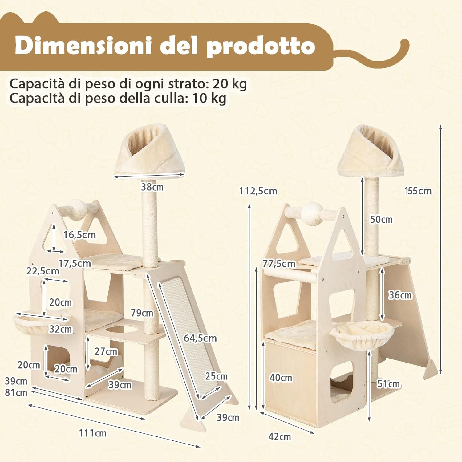 Tiragraffi per Gatti in Legno, Tiragraffi per Gatti con Cuccia, Piattaforma, 3 Cuscini Rimovibili e Lavabili e Tiragraffi, Albero Tiragraffi per Gatti Medi e Grandi, 111 x 42 x 155 cm