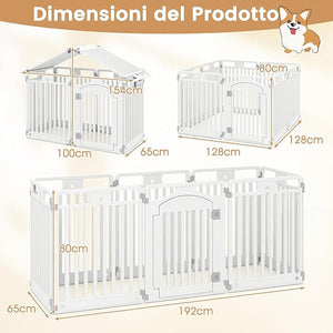 Pannello in Plastica per Cani a 8 Pannelli, Recinzione Portatile per Animali Domestici, Cancello Pieghevole con Porta di Sicurezza con Serratura per Cani, Recinto Pieghevole, 192 x 65 x 80 cm