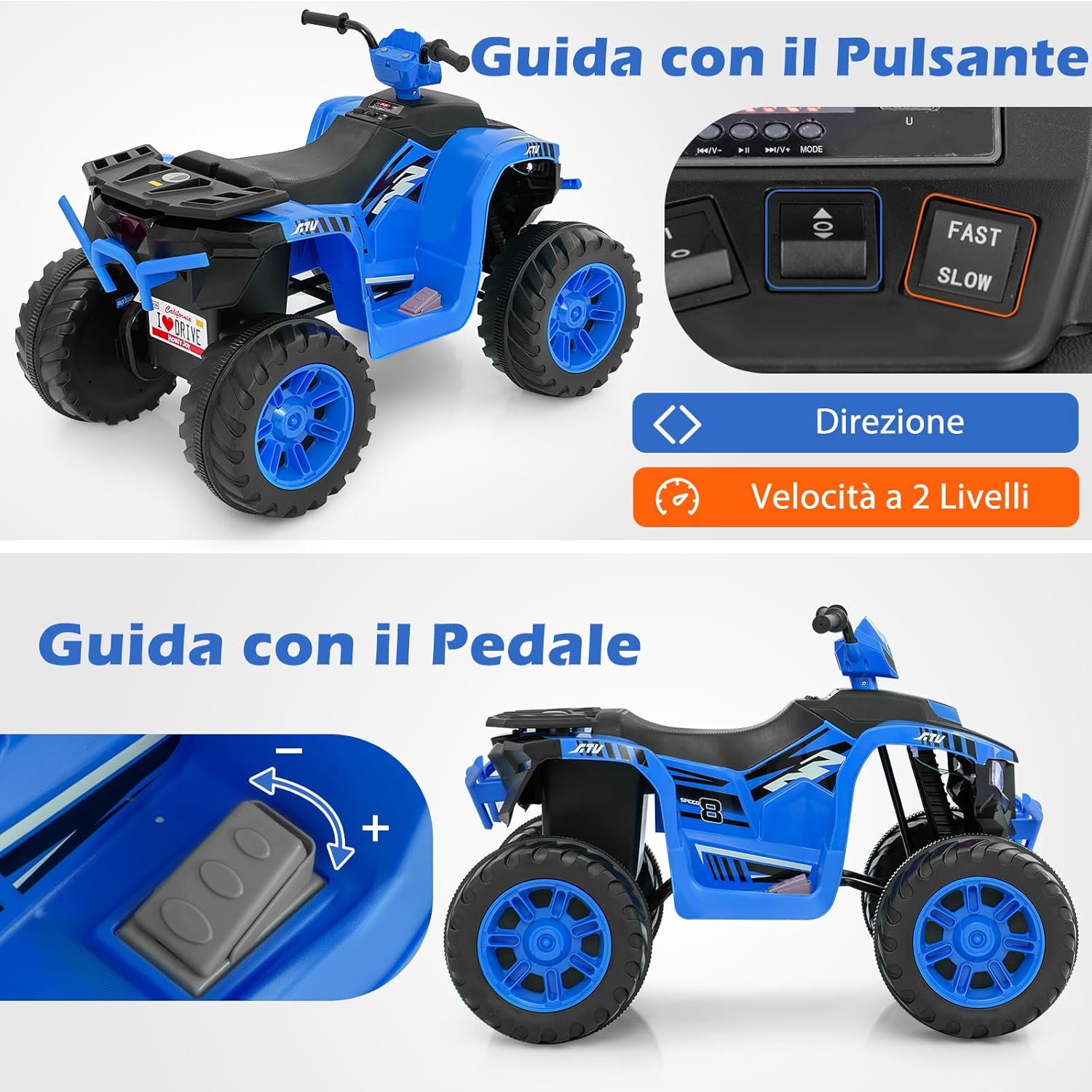 24V Quad Elettrico per Bambini, Macchina Elettrica Cavalcabile con Musica Radio Luci a LED, Avvio Lento, Velocità Fino a 5km/h, per Bambini 3-8 Anni (Blu)