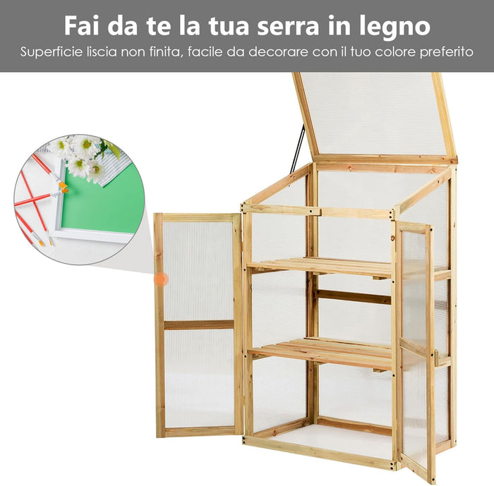 Mini Serra da Giardino a 3 Ripiani in Legno, Serra da Esterno e Interno per Piante e Orto con Coperchio e Ante Apribili, Mini Serra da Giardino e Balcone, 60 x 45 x 100 cm