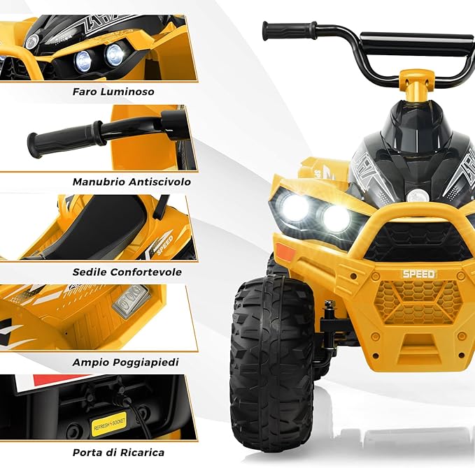 12V Quad Elettrico per Bambini, Macchina Elettrica con Velocità Alta/Bassa, Sedile Comodo Fari Corno e Musica, Auto Elettrica Cavalcabile 2,2/4,3 km/h (Giallo)