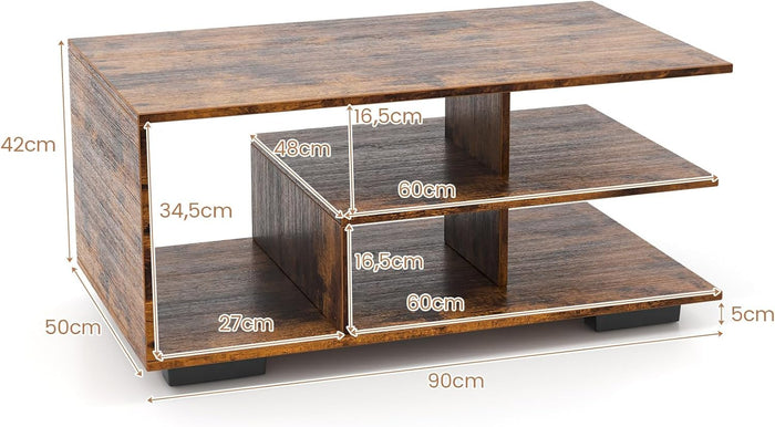 COSTWAY Tavolino da Caffè Rettangolare, Tavolo da Salotto Moderno con Mensola Centrale a Forma di L, Tavolino a 3 Livelli per Soggiorno, Sala di Ricevimento e Ufficio (Marrone)