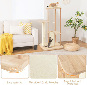 Tiragraffi per Gatti Piccola/Media, Albero per Gatti in Legno a Multilivello con Tavola e Palo Tiragraffi in Sisal, Posto Imbottito, Piattaforma e Palline