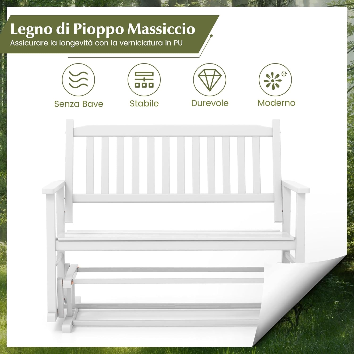 Panca a Dondolo a 2 Posti con Sicuro e Delicato Movimento Oscillante, Telaio in Legno Massello, Sedia a Dondolo per Giardino con CapacitÃ  di carico 225 kg, 126 x 68 x 100 cm, Bianco