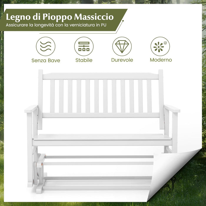 Panca a Dondolo a 2 Posti con Sicuro e Delicato Movimento Oscillante, Telaio in Legno Massello, Sedia a Dondolo per Giardino con CapacitÃ  di carico 225 kg, 126 x 68 x 100 cm, Bianco