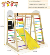 8 in 1 Triangolo da Arrampicata Multifunzione, Parco Giochi in legno Massello con Scivolo, Altalena e Lavagna, Uso Interno, per Bambini 1 a 5 anni (Modello 3 Colorato)
