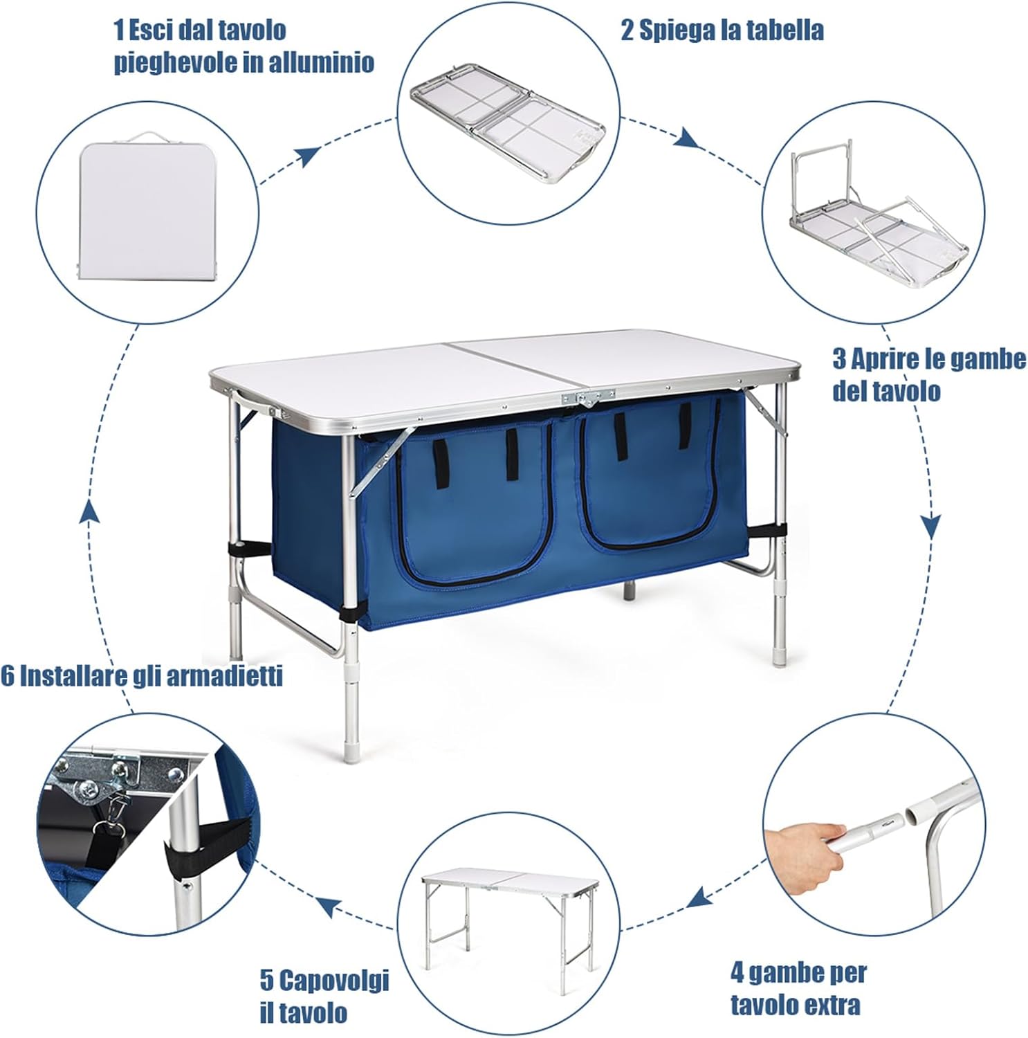 Tavolo da Campeggio Pieghevole Ultraleggero Portatile Compatto, con Scompartimenti, con Sacco di Scompartimento, per Interno e Esterno (Blu)