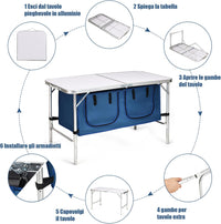 Tavolo da Campeggio Pieghevole Ultraleggero Portatile Compatto, con Scompartimenti, con Sacco di Scompartimento, per Interno e Esterno (Blu)