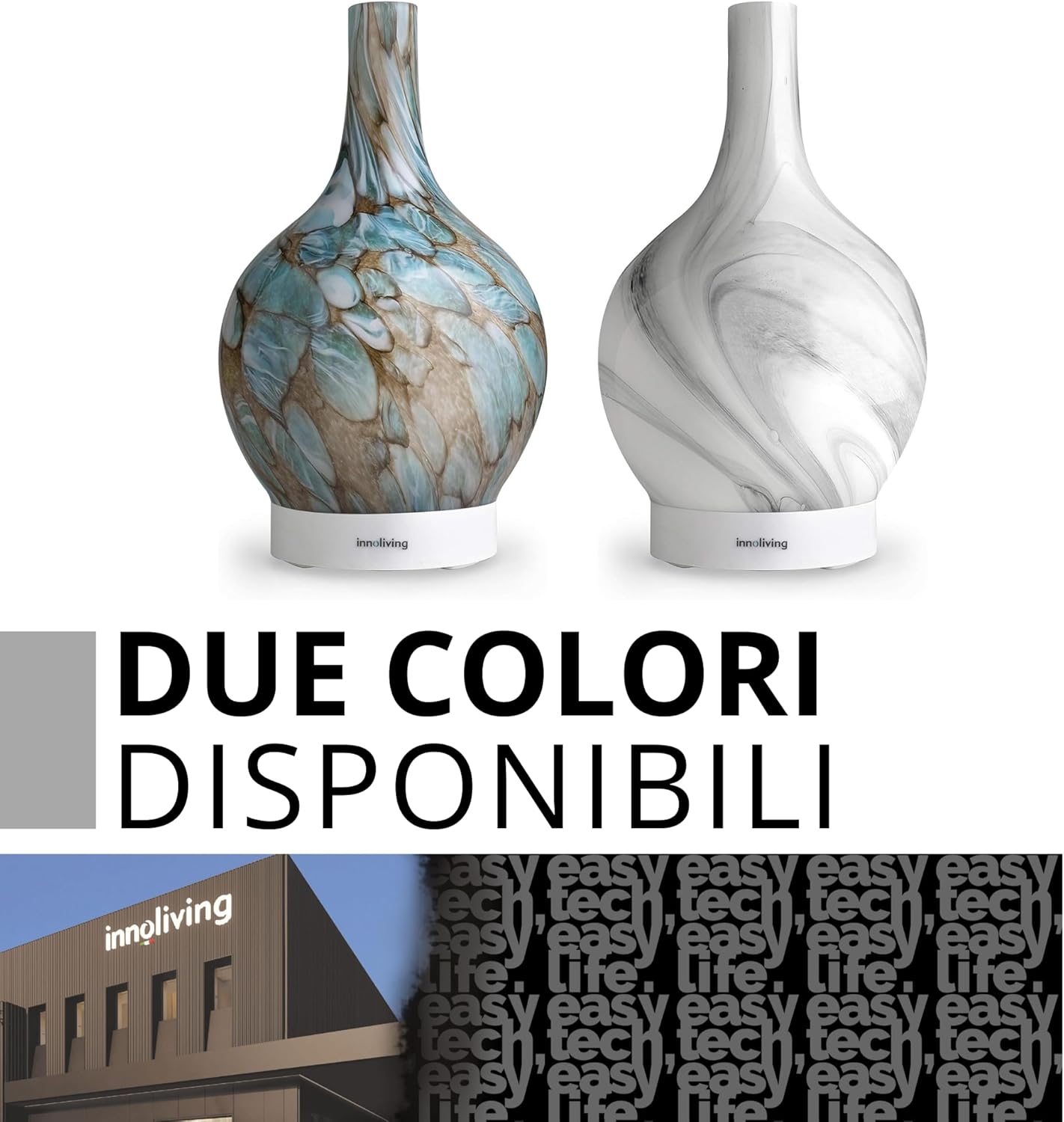 Innoliving INN-773G Diffusore d'Aroma ad Ultrasuoni in Vetro, Capacità 150ml, Copertura in Vetro Effetto Marmo Resistente