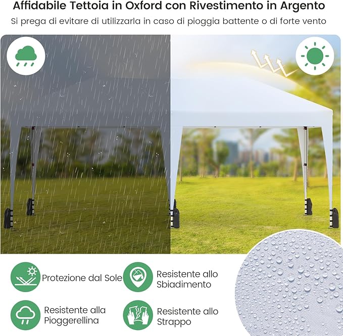 Gazebo Pop-up da Esterno 590 x 300 cm, Gazebo Regolabile in Altezza con Borsa con Ruote, Picchetti, Ancoraggi, Corde Antivento e Sacchi di Sabbia, Tenda Pieghevole per Campeggio (Bianco)