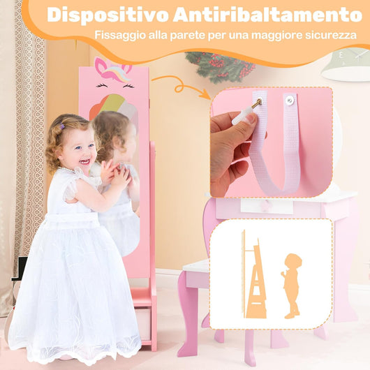Armadietto Portagioie per Bambini 31,5 x 30 x 115cm, Specchio a Figura Intera a Forma di Unicorno con Ganci, Ripiani e Cassetti, Specchiera da Toeletta per Cameretta (Rosa)
