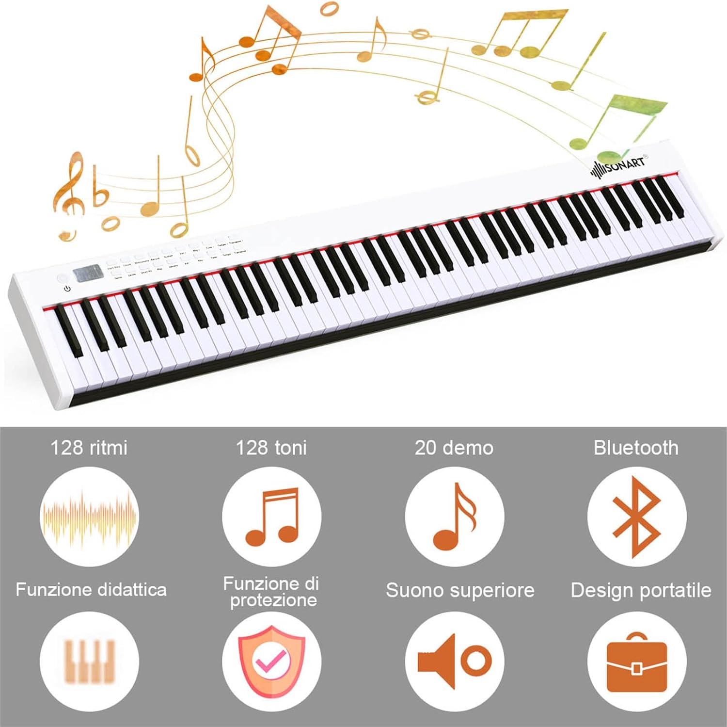 Pianoforte Digitale 88 Tasti, Tastiera Musicale Portatile con Custodia, Pianola Elettronica con 128 Ritmi e Toni, MIDI e Funzione di APP Bluetooth, per Principianti