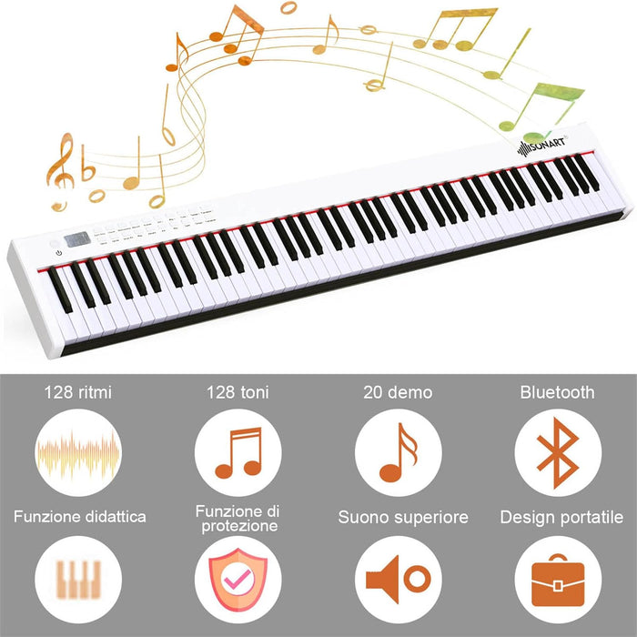 Pianoforte Digitale 88 Tasti, Tastiera Musicale Portatile con Custodia, Pianola Elettronica con 128 Ritmi e Toni, MIDI e Funzione di APP Bluetooth, per Principianti