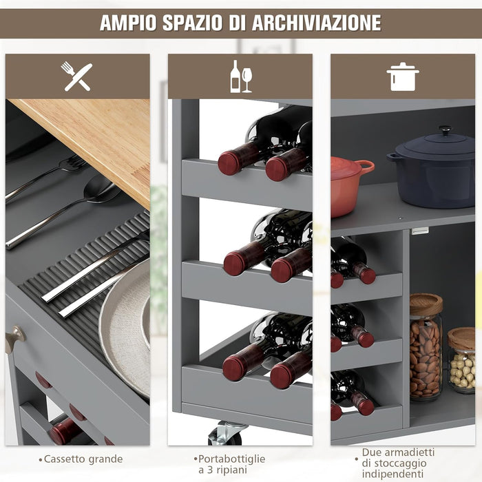 Carrello da Cucina, con Portabottiglie Tre Ante e Ruote, Credenza Cucina in Legno di Pino e MDF, Ideale per Soggiorno e Cucina, 67 x 37 x 86 cm（Grigio）