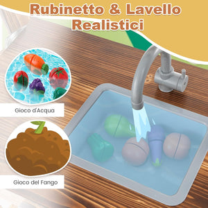 Cucina Giocattolo per Bambini, Cucina per Bambini in Abete Cinese con Rubinetto Girevole e Lavandino Rimovibile, Fornelli e Manopole, Lavagna, per Bambini 3-7 Anni