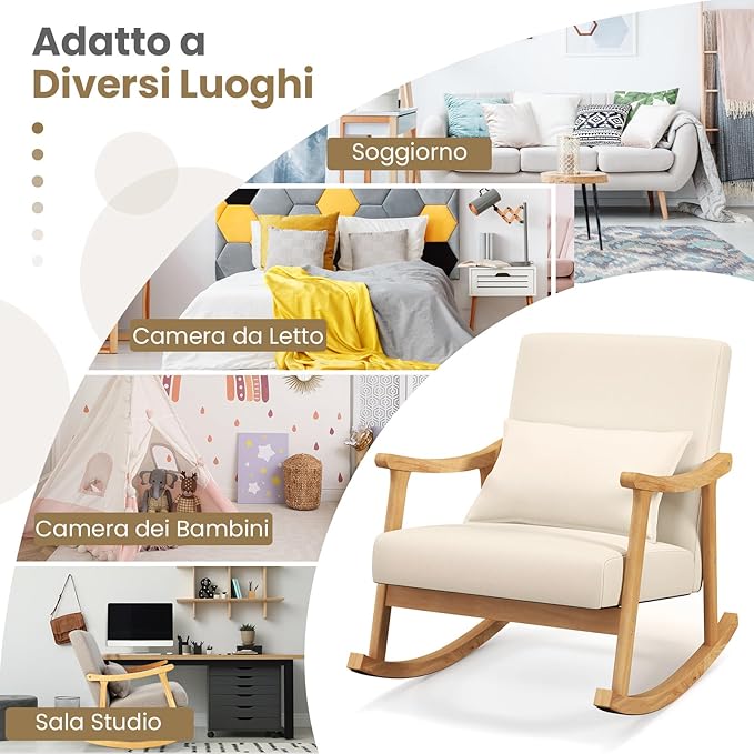 Sedia a Dondolo, Sedia Ergonomica Relax con Schienale Alto e Cuscino Seduta Imbottito, Struttura in Legno di Gomma Naturale e Cuscino Lombare Morbino, Poltrona Moderno per Soggiorno (Beige)