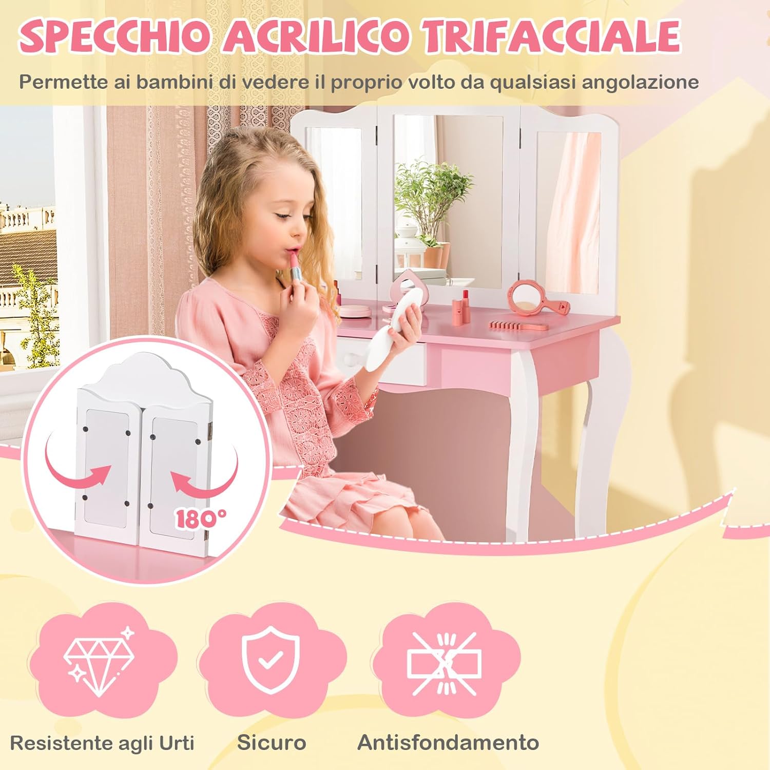 Set Toeletta da Trucco per Bambini, Toeletta Trucco con Specchio Triplo Pieghevole in Acrilico, Sgabello, Cassetto e Accessori, Bianco e Rosa