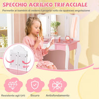 Set Toeletta da Trucco per Bambini, Toeletta Trucco con Specchio Triplo Pieghevole in Acrilico, Sgabello, Cassetto e Accessori, Bianco e Rosa